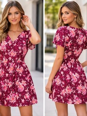 Old Navy Floral Mini Dress – Size Medium – Burgundy Pink